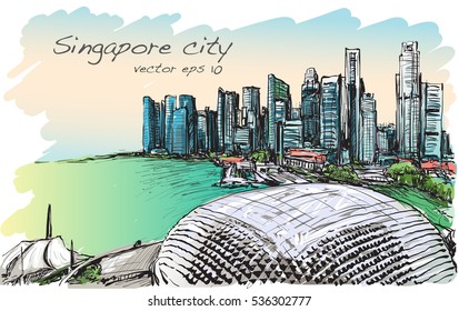 sketch cityscape of Singapore skyline, free hand draw illustration vector