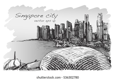 sketch cityscape of Singapore skyline, free hand draw illustration vector