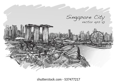 sketch cityscape of Singapore skyline, free hand draw illustration vector