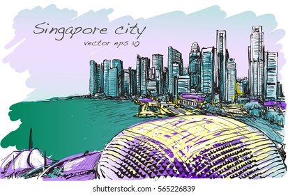 sketch cityscape of Singapore skyline in special color, free hand draw illustration vector