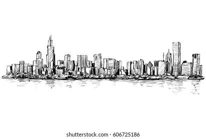 Sketch of cityscape skyline show building downtown along river illustration