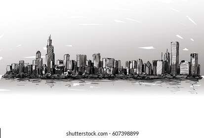 Sketch of cityscape skyline show building downtown along river illustration