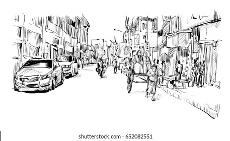 sketch of cityscape transportation in India show traditional hand pulled rickshaw driver working on street, illustration  vector