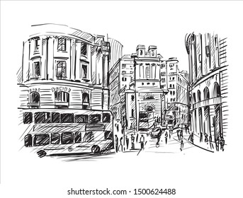 Sketch of cityscape the walking street in London, hand draw