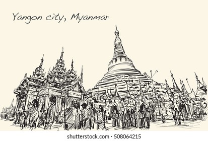 sketch cityscape of Yangon, Myanmar image of Shwedagon pagoda, free hand draw illustration vector