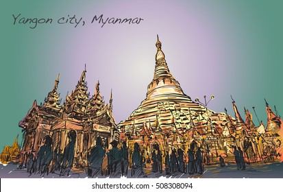 sketch cityscape of Yangon, Myanmar image of Shwedagon pagoda, free hand draw illustration vector