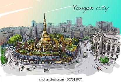 sketch cityscape of Yangon, Myanmar on topview Shwedagon pagoda, free hand draw illustration vector