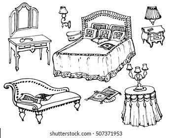 sketch of a classic bedroom furniture, bed, blanket, pillow, nightstand, lamp, mirror, stool, table, tablecloth, vector doodle for interior design indoor, black hand painted lines in white background