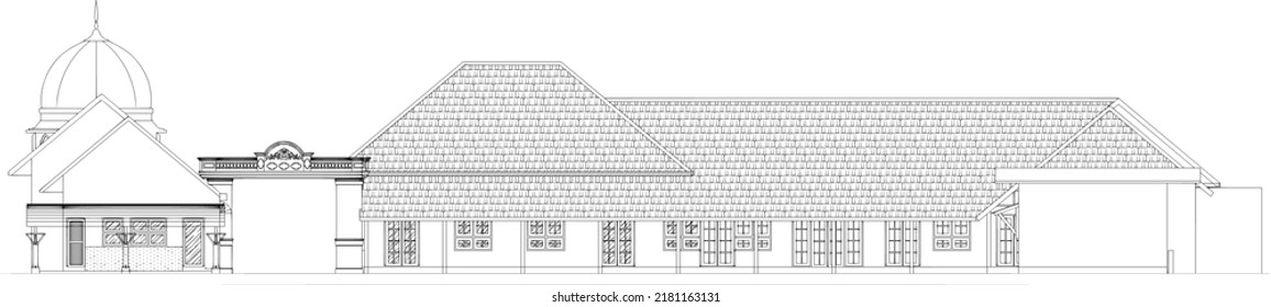 sketch of a classic building with a large dome and elongated building