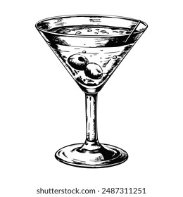 Sketch of a classic martini with an olive, side view, on a white background