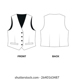 
Sketch of a classic vest with buttons, front and back view. Technical drawing of suit vest with pockets, vector. Pattern of fashionable women's vest in white color.