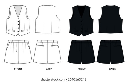Sketch of classic vest and shorts , front and back view. Template of summer vest and shorts with pockets, vector. Outline of fashionable women's vest and short shorts in black and white.