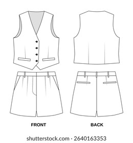 Sketch of classic vest and shorts , front and back view. Technical drawing of summer vest and shorts with pockets, vector. Pattern of fashionable women's vest and short shorts in white color.