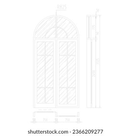 boceto de una ventana clásica adecuada para una habitación o edificio de estilo clásico, una ventana que ha sido esbozada con dimensiones