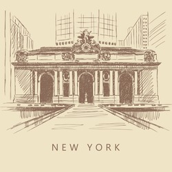 Sketch Of The Classical Building And Silhouettes Of Skyscrapers In The Background, New York, USA, Grand Central Terminal. Vintage Brown And Beige Card, Hand-drawn, Vector. Cityscape View. Old Design.