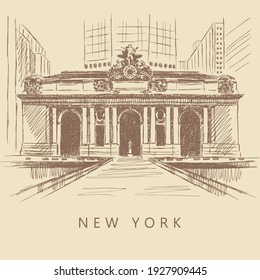 Sketch of the classical building and silhouettes of skyscrapers in the background, New York, USA, Grand Central Terminal. Vintage brown and beige card, hand-drawn, vector. Cityscape view. Old design.
