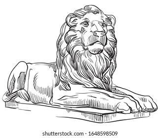 Sketch of classical greek lion statue profile view. Vector hand drawing illustration in black color isolated on white background. Graphic Element for design. stock illustration