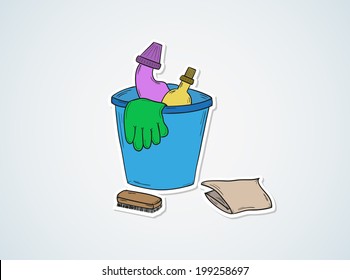 sketch of the cleaners, gloves, cloth on blue background