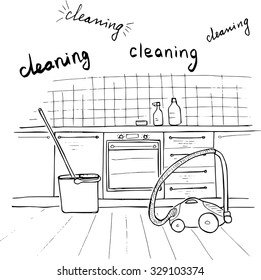 Sketch cleaning housework accessories and kitchen hand drawing lettering vector art