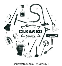 Sketch Cleaning Service Elements Round Concept With Housekeeping Equipment And Tools In Vintage Style Isolated Vector Illustration