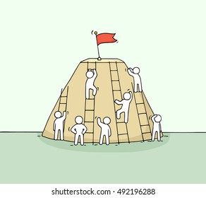 Sketch of climbing little people. Doodle cute miniature of stairs with flag on the top. Hand drawn cartoon vector illustration for business design.