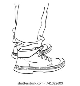 Sketch of close up view of man's legs wearing fashion boots, Hand drawn vector illustration isolated on white background