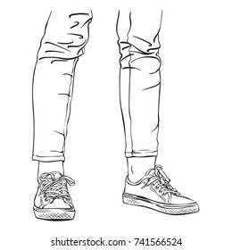 Sketch of close up view of woman's legs wearing fashion sneakers and tight jeans, Hand drawn vector illustration isolated on white background 