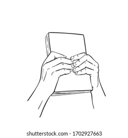 Sketch of closed book in hands, Hand drawn isolated vector line art illustration
