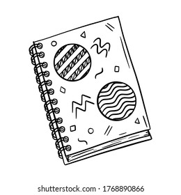 Esbozo de un Bloc de notas cerrado en una espiral para notas. Cubrir con formas abstractas. Papelería para escribir y dibujar. Un elemento de diseño para escuelas y Hobbies. Vector blanco-negro. dibujado a mano, aislado.
