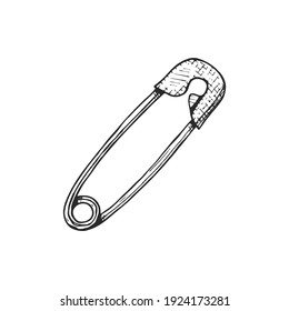 Sketch clothes safety pin, isolated on white. Hand drawn style. Vector illustration.