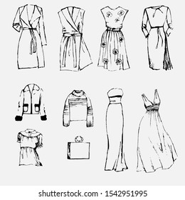 Sketch clothes set. Icon vector. Vector clothes