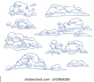 Sketch clouds. Curled cloudy sky drawing texture, nature weather outline symbols. Engraving handmade craft in vintage style vector cloudscape set