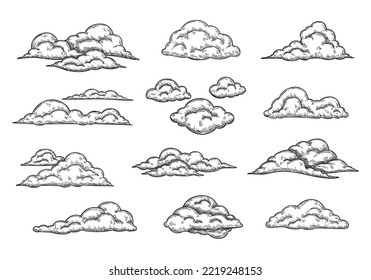 Sketch clouds. Hand drawn pencil cloudy sky, retro cloud shape engraving and overcast weather elements isolated vector Illustration set of cloud weather isolated