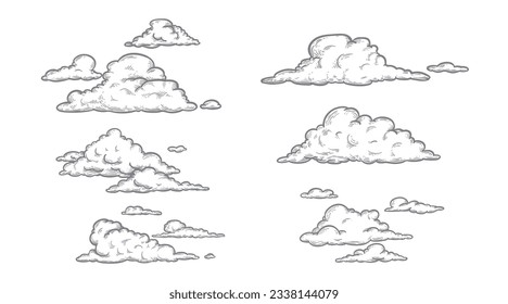 Sketch clouds. Hand drawn sky cloudscape. Outline sketching cloud vintage vector collection. 