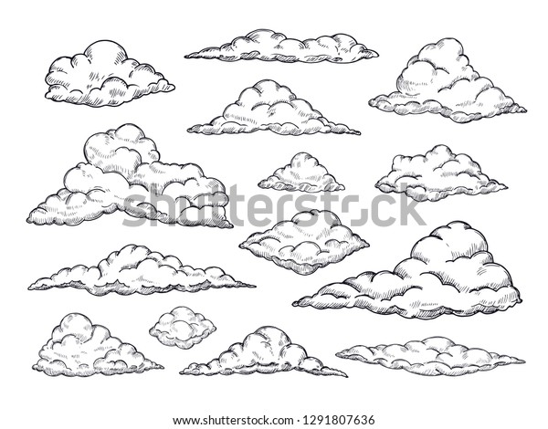 雲のスケッチ 手描きの空の雲景 雲マークのビンテージベクター画像コレクションの輪郭をスケッチします コレクションの雲の形状のイラスト のベクター画像素材 ロイヤリティフリー