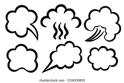Sketch clouds of steam of different shapes. Vape steam. Empty speech balloons, pictograms. 3d realistic vector illustration.