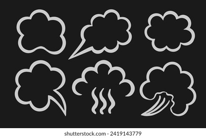 Esbozar nubes de vapor de diferentes formas. Vape vapor. Globos de habla vacíos, pictogramas. 3d ilustración vectorial realista. Fondo negro.