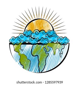 Sketch of a clouds and sun on a half earth. Vector illustration design