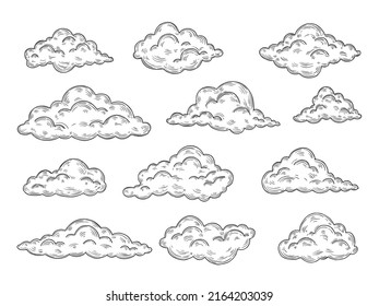 Sketch Wolken. Vintage Cloud handgezeichnet Hippster Stil. Atmosphäre und Himmelsdudelelemente. Retro-Gravur-Himmelsobjekte, neoterischer Farbvektorsatz