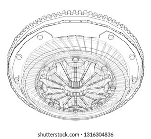 Sketch of clutch basket for the car. Vector rendering of 3d. Wire-frame style. The layers of visible and invisible lines are separated