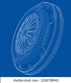 Sketch of clutch basket for the car. Vector rendering of 3d. Wire-frame style. The layers of visible and invisible lines are separated