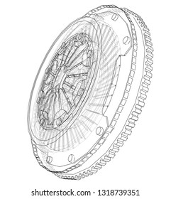 Sketch of clutch basket for the car. Vector rendering of 3d. Wire-frame style. The layers of visible and invisible lines are separated