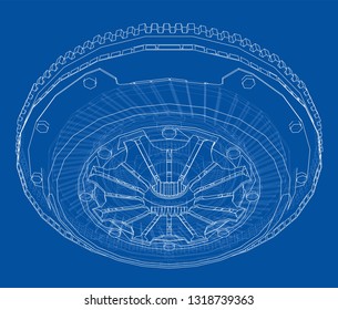 Sketch of clutch basket for the car. Vector rendering of 3d. Wire-frame style. The layers of visible and invisible lines are separated