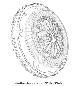 Sketch of clutch basket for the car. Vector rendering of 3d. Wire-frame style. The layers of visible and invisible lines are separated