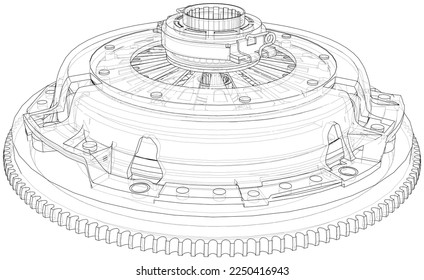 Sketch of clutch basket for the car. Vector rendering of 3d. Wire-frame style. The layers of visible and invisible lines are separated