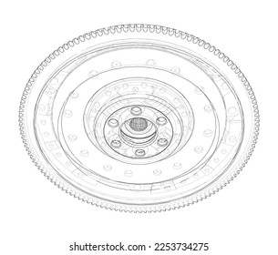 Sketch of clutch basket for the car. Vector rendering of 3d. Wire-frame style. The layers of visible and invisible lines are separated