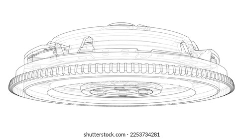 Sketch of clutch basket for the car. Vector rendering of 3d. Wire-frame style. The layers of visible and invisible lines are separated