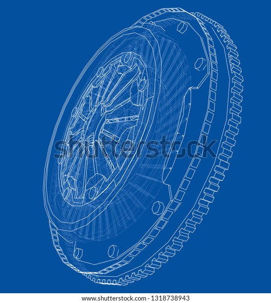 Sketch of clutch basket for the car. Vector
rendering of 3d. Wire-frame style. The layers of visible and
invisible lines are
separated
