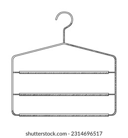 Sketch of coat hanger for trousers. Metal coat hanger with clothespins in vintage engraved style. Front view. Isolated on white background. Vector illustration