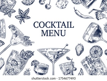 Sketch cocktail background. Different alcoholic cold drinks cocktails as strawberry beverage, mojito, wine, pina colada for restaurant and cafe menu, flyer or poster hand drawn vector design.